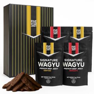 Five Star Signature Wagyu Beef Jerky Gift Box, Half Pound Jerky, Mesquite & Teriyaki Flavor, Premium Gifts for Men, Gift Box for Holidays, Birthdays, Father's Day, Valentine's Day & More (4 Pack of 2oz)