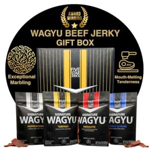 Five Star Signature Wagyu Beef Jerky Gift Box, Half Pound Jerky, Mesquite & Teriyaki Flavor, Premium Gifts for Men, Gift Box for Holidays, Birthdays, Father's Day, Valentine's Day & More (4 Pack of 2oz)