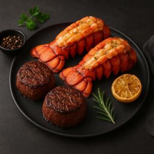 OCEANZEN Surf & Turf Duo – 2 Cold Lobster Tails (6-7oz Each) & 2 Filet Mignon Steaks (5 oz Each, USDA Prime) – Gourmet Wild-Caught & Prime Tenderness