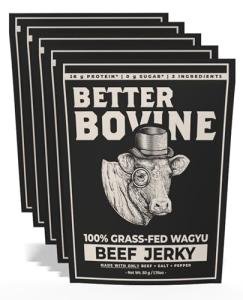 BETTER BOVINE Grass Fed Wagyu Beef Jerky, Keto, Paleo, Low Carb, High Protein, Gluten Free, Sugar Free, Non-GMO, Nitrate Free, Preservative Free, No Antibiotics, No Added Hormones, 26g Protein, 0g Carbs, 180 Calories, Salt and Pepper 5 Pack
