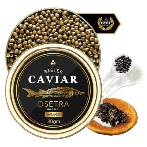 BESTER CAVIAR Premium Kaluga River Beluga Caviar – Traditionally Harvested Malossol Caviar with 1 Mother of Pearl Spoon – Single Tin (1.06 oz / 30 gr)
