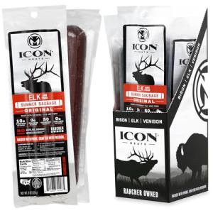ICON Meats Elk and Pork Summer Sausage, Original Flavor, 4 Pack High Protein Snacks, Individually Wrapped, Zero Sugar, Gluten Free, Natural, USDA Inspected, Made in the USA, Valentines Day Gifts for Him