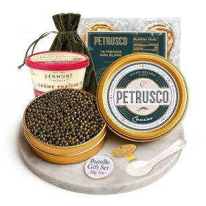 PETRUSCO Premium Beluga Hybrid 30g Caviar Gift Set - Sustainable Gourmet Delicacy with Blinis, Crème Fraîche, Pearl Spoon & Opener - Elegant Presentation