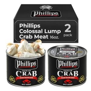 Phillips Colossal Lump Crab Meat 16oz Can, 2 Pack – Wild Caught Canned Lump Crabmeat, Pasteurized Long Shelf-Life, Hand-Picked Shell-Free Blue Crabs, Large Lumps for Premium Dishes & Cocktails
