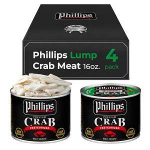 Phillips Lump Crab Meat 16oz Can, 4 Pack – Canned Wild Caught Lump Crabmeat, Pasteurized Blue Swimmer Crab for Cooking, Recipes, Appetizers, Salads, Stuffed Dishes