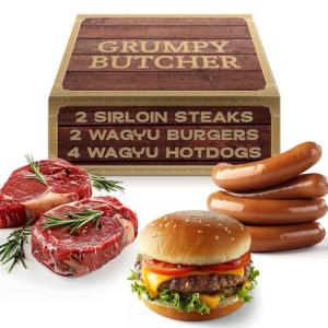 Grumpy Butcher Thick Juicy Variety Meat Grill Set – 2 Sirloin Steaks (6 oz), 2 Jumbo Wagyu Burger Patties (8 oz), 4 Big Wagyu Beef Hot Dogs (3 oz) – Steak Meat Gift Basket Assortment