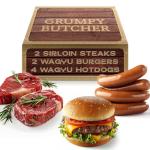 Grumpy Butcher Thick Juicy Variety Meat Grill Set – 2 Sirloin Steaks (6 oz), 2 Jumbo Wagyu Burger Patties (8 oz), 4 Big Wagyu Beef Hot Dogs (3 oz) – Steak Meat Gift Basket Assortment