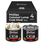 Phillips Colossal Lump Crab Meat 16oz Can – 4 Pack – Wild Caught Canned Lump Crabmeat, Pasteurized, Hand-Picked Shell-Free Blue Swimming Crabs, Large Lumps for Premium Dishes & Cocktails