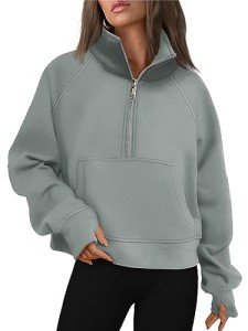 Womens Half Zip Cropped Fleece Sweatshirt - Grey Green