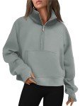 Womens Half Zip Cropped Fleece Sweatshirt - Grey Green