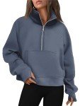 AUTOMET Womens Sweatshirts Half Zip Cropped Pullover Fleece Quarter Zipper Hoodies 2025 Fall Fashion Outfits Clothes GreyBlue Medium