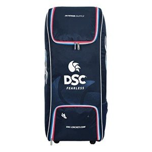 DSC Intense Duffle Kit Bag with Wheelie | Color: Navy Blue | Size: 38 x 15.5 x 24 inches | Material: Polyester | Premium Quality | One Big Accessory Pocket | Two Padded Bat Pockets