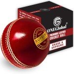 ONEGlobal Supreme Leather Cricket Ball | 100% Handstitched, 156g-5.5oz, 4-Piece Premium Leather, Waterproofing | Match Quality Hard Cricket Balls for Matches & Net Practice. (RED, 1-Pack)