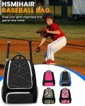Hsmihair Youth Baseball Bag-Baseball Backpack for T-Ball&Softball Equipment with Fence Hook,Bat&Glove Holder,Large Main Compartment for Helmet,Accessories,Shoes Compartment (Black)
