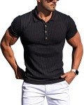 Collared Muscle Polo Shirts Men Slim Fit Textured Knit Polo Shirts Short Sleeve Button Down Shirts Casual Stylish Black