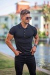 Collared Muscle Polo Shirts Men Slim Fit Textured Knit Polo Shirts Short Sleeve Button Down Shirts Casual Stylish Black