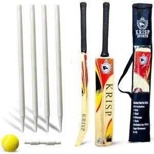Cricket Bat Gift Set for Kids Wooden Cricket Bat Kit for Junior, Backyard Park Beach Indoor Outdoor Play Tennis Ball, Stumps, Bails, Carrying Bag Practice Cricket Match by Krisp Sports (6-13)