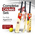 Cricket Bat Gift Set for Kids Wooden Cricket Bat Kit for Junior, Backyard Park Beach Indoor Outdoor Play Tennis Ball, Stumps, Bails, Carrying Bag Practice Cricket Match by Krisp Sports (6-13)