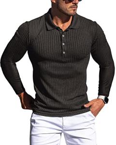 Collared Muscle Polo Shirts Men Slim Fit Textured Knit Polo Shirts Short Sleeve Button Down Shirts Casual Stylish Black