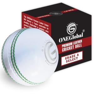 ONEGlobal Select Leather Cricket Ball | 100% Handcrafted, 156g - 5.5oz, 4-Piece Construction | Ideal for T20, Net Practice, Training etc. (White, 1 Pack)