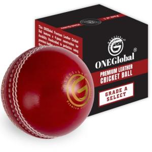 ONEGlobal Select Leather Cricket Ball | 100% Handcrafted, 156g - 5.5oz, 4-Piece Construction | Ideal for T20, Net Practice, Training etc. (Red, 1 Pack)