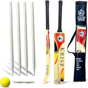 Cricket Bat Gift Set for Kids Wooden Cricket Bat Kit for Junior, Backyard Park Beach Indoor Outdoor Play Tennis Ball, Stumps, Bails, Carrying Bag Practice Cricket Match by Krisp Sports (6-13)