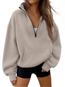 Trendy Queen Sweatshirts Quarter Half Zip Pullover Oversized Hoodies Sweaters Comfy Fall Outfits 2025 Y2K Winter Clothes CoffeeGrey XL