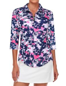 Tanst Sky Plus Size Ladies Golf Tops, Polo Shirts for Women Quarter Zip Collared 3/4 Sleeve UPF 50 Activewear Ladies Bowling Tennis Running Workout Loose Fit Athletic Clothes Purple XXX-Large