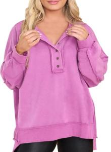 Eytino Womens Plus Size Sweatshirt Button Henley Neck Long Sleeve Loose Pullover Tops Fall Clothes,4X Phalaenopsis