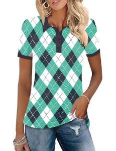 LOMON Women's Golf Shirts Ladies Collared Polo Tops Lightweight Quick Dry Workout Clothing 2025 Summer Outfits Green Plaid XL