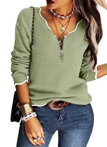 Hongqizo Women's V Neck Sweater Half Zipper Long Sleeve Knit Sweater Casual Cricket Stripe Jumper Pullover Light Green