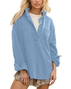 Locachy Women's Casual Oversized Polo Neck Sweatshirt Lapel Long Sleeve Button Pullover Tops Fashion Outfits Clothes Blue M