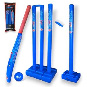 Bratla Plastic Cricket Set - Blue Color | Backyard and Beach Set for Adults and Kids | Includes Bat, Wind Ball, Stumps, and Non-Striker Stump with Plastic Base (Size 4)
