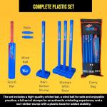 Bratla Plastic Cricket Set - Blue Color | Backyard and Beach Set for Adults and Kids | Includes Bat, Wind Ball, Stumps, and Non-Striker Stump with Plastic Base (Size 4)