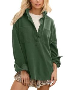 Locachy Women's Casual Oversized Polo Neck Sweatshirt Lapel Long Sleeve Button Pullover Tops Fashion Outfits Clothes Dark Green XL
