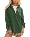 Locachy Women's Casual Oversized Polo Neck Sweatshirt Lapel Long Sleeve Button Pullover Tops Fashion Outfits Clothes Dark Green XL