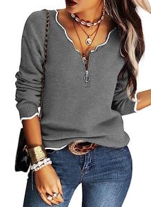 Hongqizo Women's Knit Sweaters V Neck Long Sleeve Half Sleeve Casual Cricket Stripe Jumper Pullover Grey