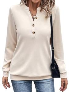 EADINVE Womens V Neck Long Sleeve Sweatshirts Half Button Lightweight Pullover Fashion Fall Clothes Apricot