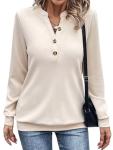 EADINVE Womens V Neck Long Sleeve Sweatshirts Half Button Lightweight Pullover Fashion Fall Clothes Apricot