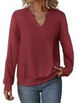 EADINVE Womens Casual Long Sleeve V Neck Sweatshirts Cute Loose Fit Lightweight Pullover Fall Clothes Tunic Tops Wine