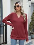 EADINVE Womens Casual Long Sleeve V Neck Sweatshirts Cute Loose Fit Lightweight Pullover Fall Clothes Tunic Tops Wine