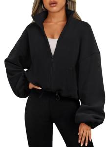 AUTOMET Womens Fleece Jackets Zip Up Oversized Sweatshirts Winter Clothes Long Sleeve Crop Sherpa Fall Outfits Fashion Black M