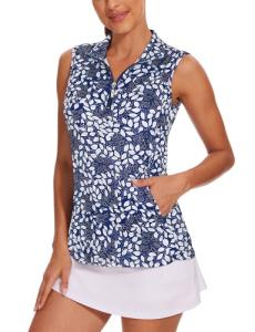 Tanst Sky Golf Tank Tops for Women, Loose Fit Sleeveless Polo Shirts with Pockets Dry Fit Quarter Zip Athletic Tennis Outfits Funny Workout Gym Running Clothes Blue White XL