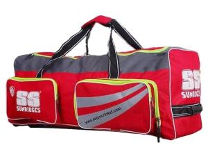 TABAKH SS TON Professional Cricket Wheelie Kit Bag - Duffle w/Wheels, Multiple Compartments, Grey & Red - Lightweight, Durable, and Easy to Carry