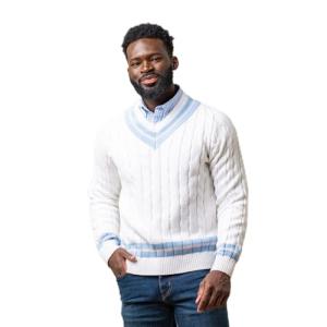 Hope & Henry Men's Men's Organic V-Neck Cricket Sweater, Medium, White with Blue and Pink