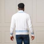 Hope & Henry Men's Men's Organic V-Neck Cricket Sweater, Medium, White with Blue and Pink