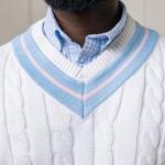 Hope & Henry Men's Men's Organic V-Neck Cricket Sweater, Medium, White with Blue and Pink
