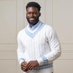 Hope & Henry Men's Men's Organic V-Neck Cricket Sweater, Medium, White with Blue and Pink