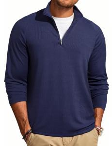 JMIERR Mens Quarter Zip Muscle Slim Fit Running Shirt Stretchy Breathable Textured Vintage Golf Shirt for Athletic Workout, Medium, A Navy Blue