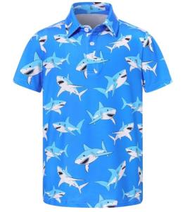 Cuddomper Boys Polo Shirt Size 5-6 Short Sleeve Hawaiian Shark Golf Clothes Blue Performance Dry Fit Tops for Active Casual